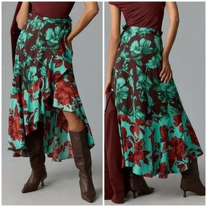Anthropologie Maeve Floral Midi Ruffle Wrap Skirt